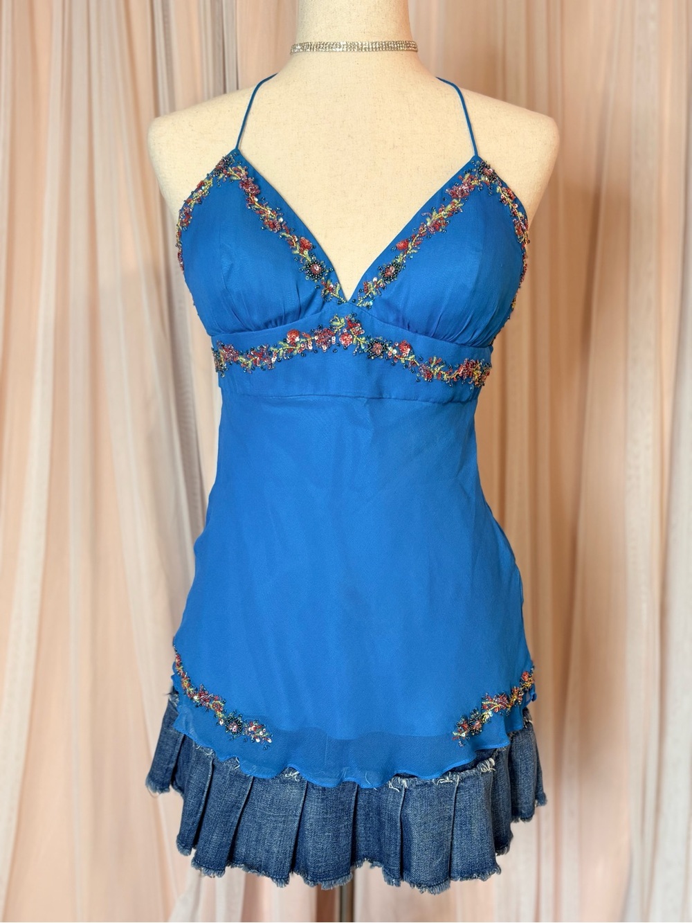 Caché 100% Silk Beaded Cami Tank Top Blue Y2K Fairy Boho Embellished Size 8 - Picture 14 of 14